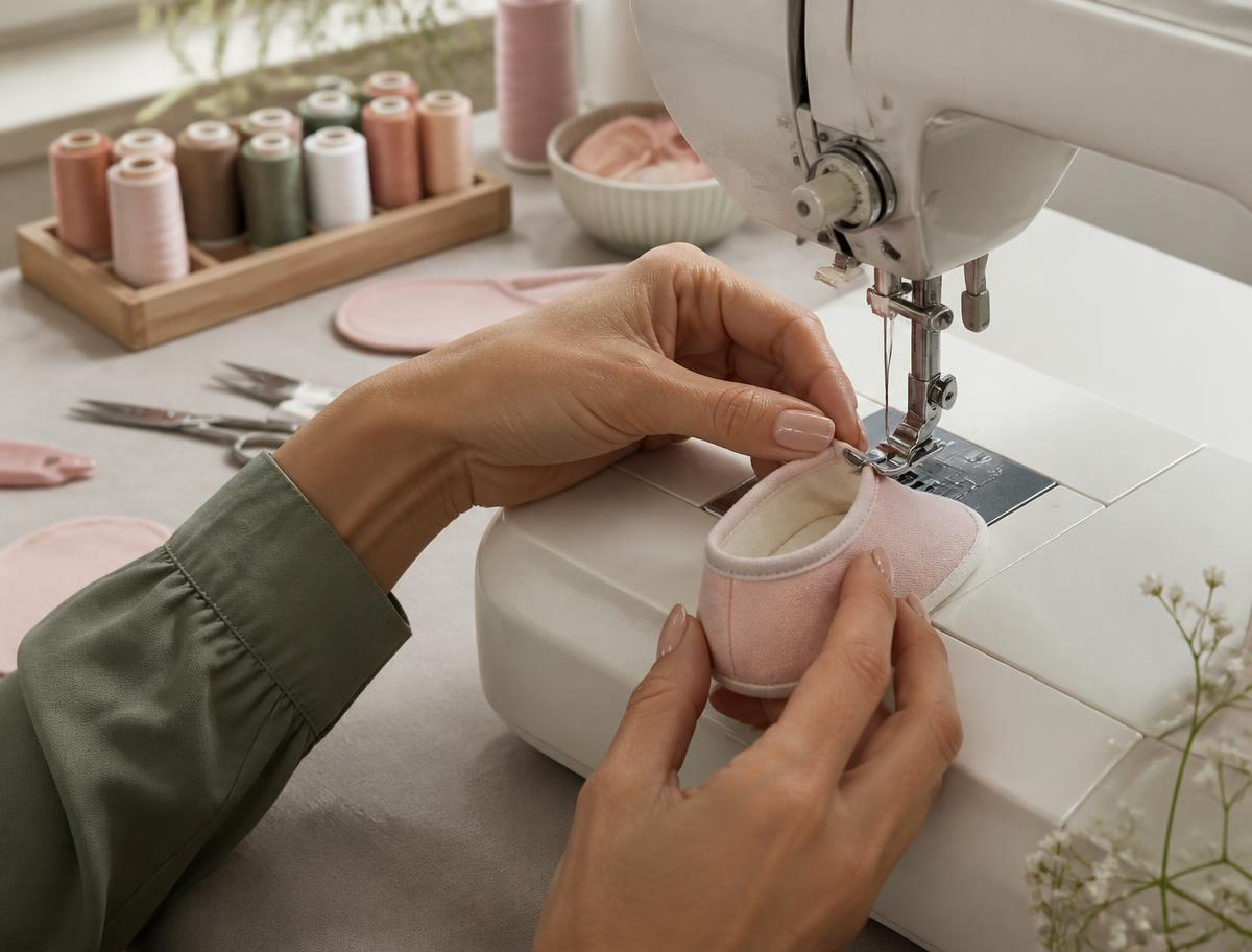 Artesã costurando um sapatinho de bebê rosa em uma máquina doméstica