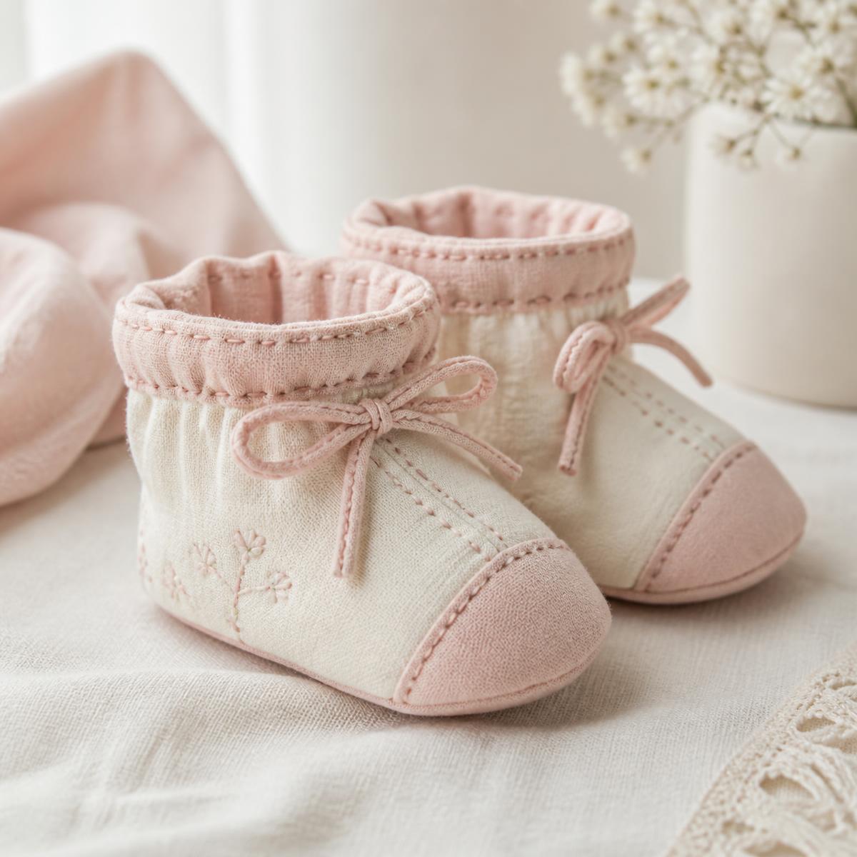 Par de sapatinhos de bebê artesanais em tecido rosa e cru, com laços delicados